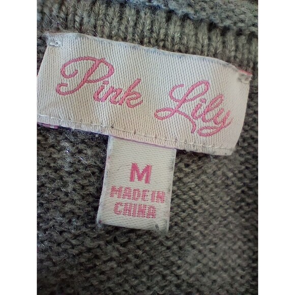 Pink Lily Sweater Medium Solid Gray Chest Pocket Oversized Casual Cozy Lounge - Picture 5 of 6